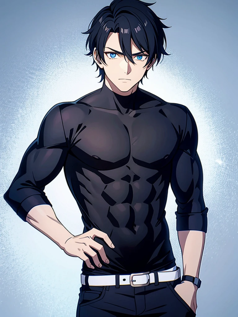 Ethan is a modern adult with an unassuming appearance. His messy, jet-black hair partially covers his piercing, sapphire eyes that often reflect the turmoil within. He has a muscular build, and his clothing style leans towards dark, muted colors. Ethan's expression is guarded, with a hint of weariness that speaks to the burdens he carries.