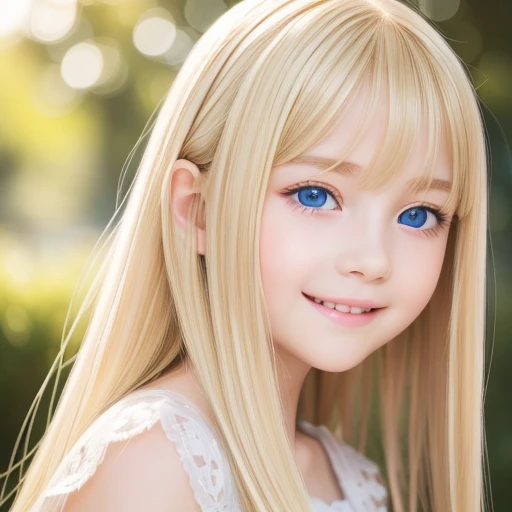highest quality, masterpiece, ultra high resolution, (realistic:1.4), RAW photo, ((Super long silky bright pearly blonde hair))、Pretty bright marine blue eyes、10 year old adorable beautiful girl、cute face、long bangs between the eyes,、white and beautiful skin、glowing skin、small face beauty、Big eyes、bright look、（（Very happy smile））、blush