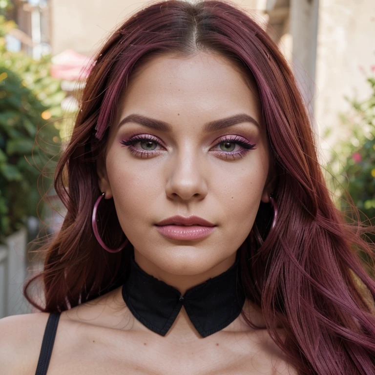 Photo of european woman, photorealistic, beautiful face, chin up, strong jawlines, ,magenta hair,long straight hair, heavy make up, tanned skin, gigantic magenta nails, magenta smokey eyeshadows, outdoor, huge eyelashes, magenta lips, big breasted, female figure for only fans