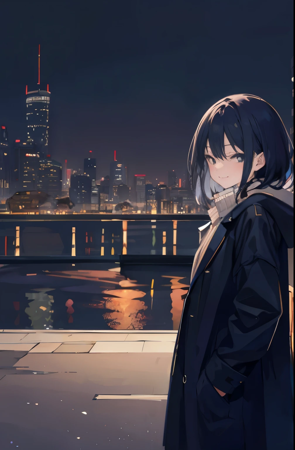 woman, City of night, coat, put one's hand in one's pocket bitter smile troubled face sad face Details are scene description 幻想的なCity of night wearing sneakers Facing backwards