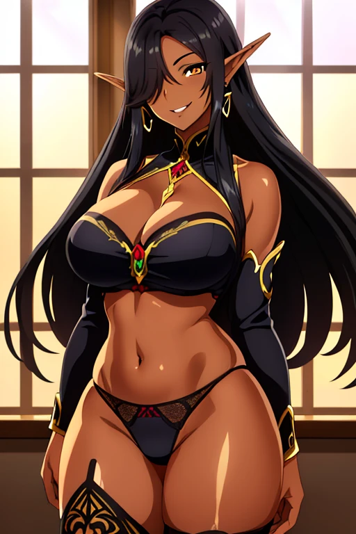 (((Olga Discordia))), (masterpiece, best quality), ((dark-skinned female, dark elf, extremely detailed, intricate details, lush detail, insanely detailed face, beautiful brown eyes, lips, detailed skin, very wide-eyed, skinny)), (( floating hair, shiny skin)), (1girl), wide hips, narrow waist, thick thighs, ((big pupil)) , nervous, ((happy, smile, long hair, younger, blush, tall, black outline, black hair, straight hair, seductive eyes, mature female, older, very long hair)), 1girl, toned, ((((indoors, in front of a big window, light shining through window, upper body focus, facing towards viewer)))), (Dark elf, dark-skinned female, pointy ears, hair over one eye, breast, curvy body, thick thighs, earrings, black hair, very long hair, large breasts, cleavage, thighhighs, dark elf, large breasts, navel, highleg panties, highleg, detached sleeves, boots, revealing clothes, bare shoulders) , horny expression, detailed mouth (((1girl, solo))) ,