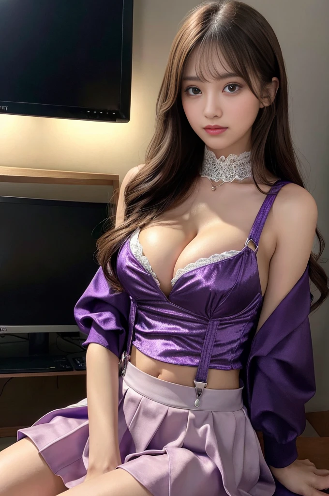 (Highly detailed CG Unity 8K wallpaper, masterpiece, highest quality:1.4), exquisite light and shadow, very dramatic picture, (cinematic lens effects:1.5)、Spotlight、20 year old girl sitting, beautiful, slim body shape, long hair, (wear sexy suspenders:1.5)、(The cutest face:1.4)、(Putting out the navel:1.5)、(purple costume:1.5)、 (sexy tight short skirt:1.3)、 legs split into two, Hands behind the feet, sexy pose、(I can see the cleavage:1.4)