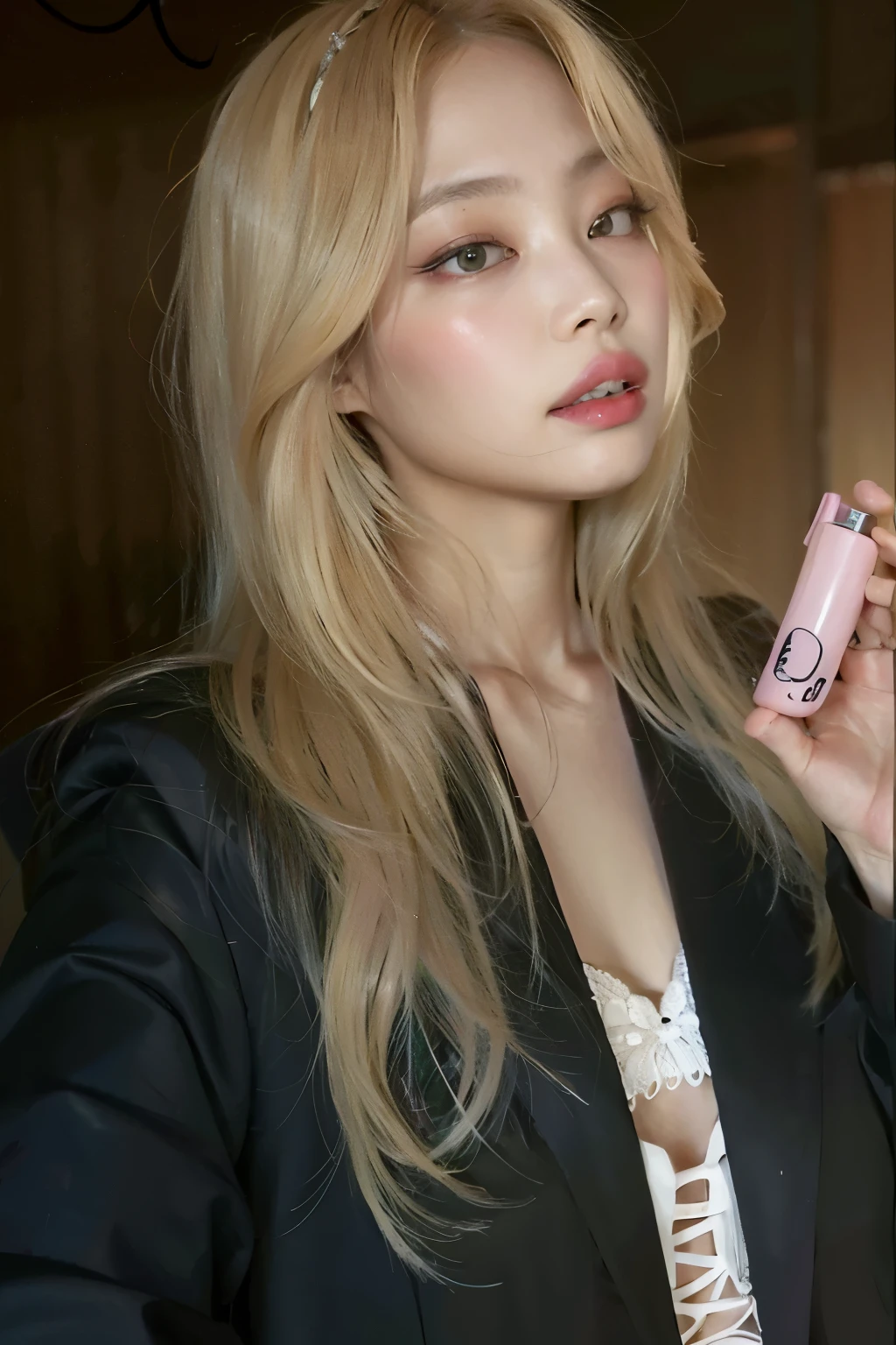 Blonde woman with long hair holding a pink lip and a pink lipstick, parque roseanne de blackpink, cl, Lalisa Manoban do Blackpink, Bela Delfina, jossi do blackpink, Lalisa Manobal, maquiagem sul-coreana popular, jennie blackpink, uma garota com cabelo loiro, maquiagem cor eana popular, Batom rosa claro, com longos cabelos loiros, bae suzy