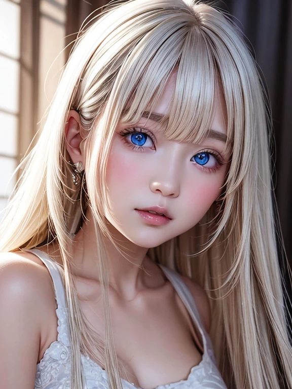 highest quality、Super high resolution、picture、the cutest beautiful girl in the world、perfectly beautiful face、(Pueros face_v1:0.008)、bright look、white and shining skin、Beautiful bright platinum blonde super long straight hair、Crystal clear shining big light blue eyes、beautiful messy bangs、hair between eyes、