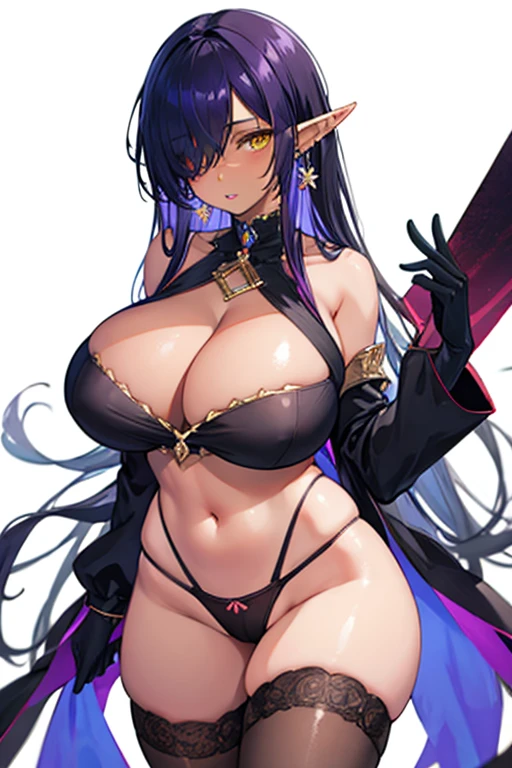 1girl, bare shoulders, black hair, black panties, dark-skinned female, dark elf, dark skin, detached sleeves, earrings, elf, hair over one eye, jewelry, huge breasts, long hair, looking at viewer, navel, olga discordia, panties, parted lips, pointy ears, purple hair, revealing clothes, shiny skin, solo, thighhighs, underwear, very long hair, white background, yellow eyes