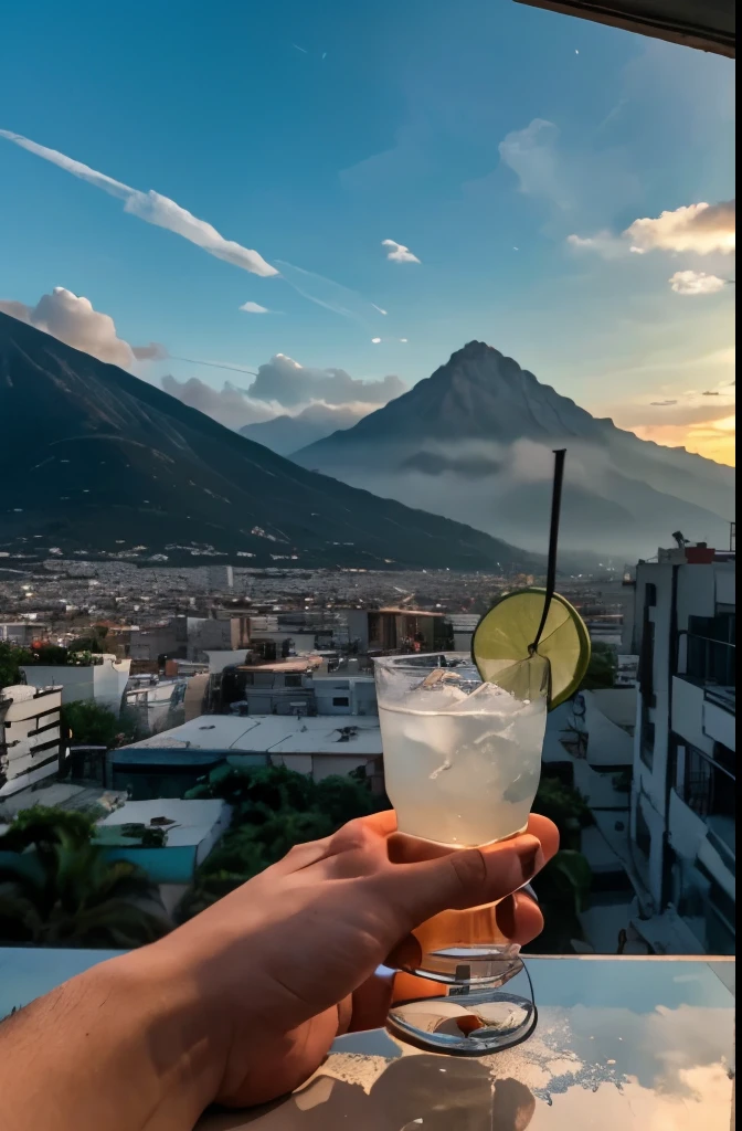 small hand holding a glass of vodka and a nice view in monterrey Nuevo Leon