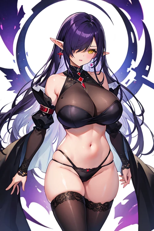 1girl, bare shoulders, black hair, black panties, dark-skinned female, dark elf, dark skin, detached sleeves, earrings, elf, hair over one eye, jewelry, huge breasts, long hair, looking at viewer, navel, olga discordia, panties, parted lips, pointy ears, purple hair, revealing clothes, shiny skin, solo, thighhighs, underwear, very long hair, white background, yellow eyes