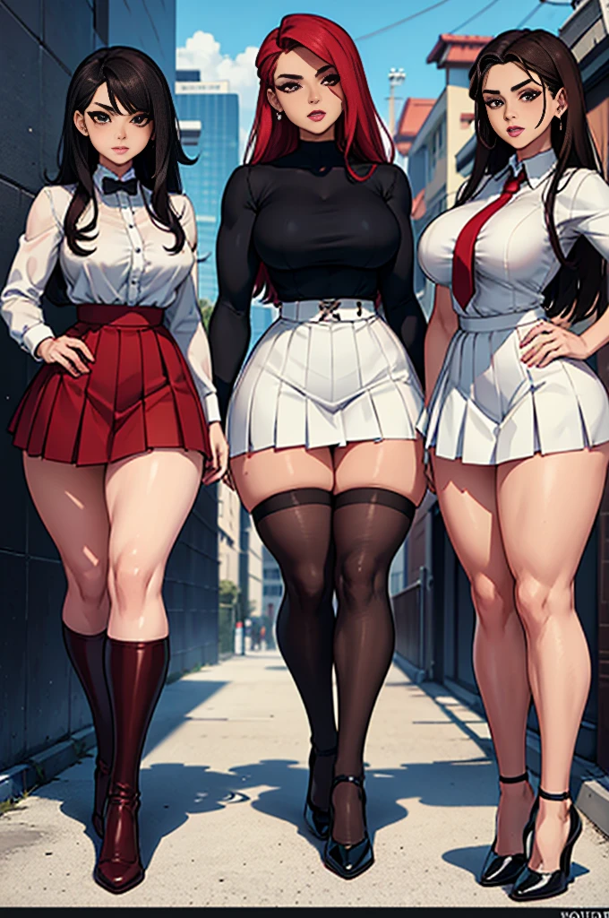 14-year-old IFBB model, white shirt, black leather bodice, white thigh socks, pleated red skirt, brown shoes, narrow waist, wide hips, thick thighs.