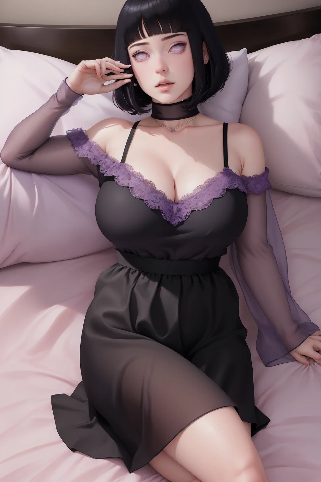 (masterpiece) (huge titusty, masterpiece, absurdres, hinata\(boruto\), 1girl, solo,mature female, off-shoulder bra, high waist black short skirt, looking at viewelling petals), perfect composition, detailed lips, big breast, beautiful face, body propotion, blush, (pink lips), short hair, (black hair), purple eyes, soft gaze, super realistic, detailed, photoshoot, realistic face and body, closed mouth, laying on the bed , lilac eyes, full body, lace clothes,  with chin resting on shoulder, perfect fingers
