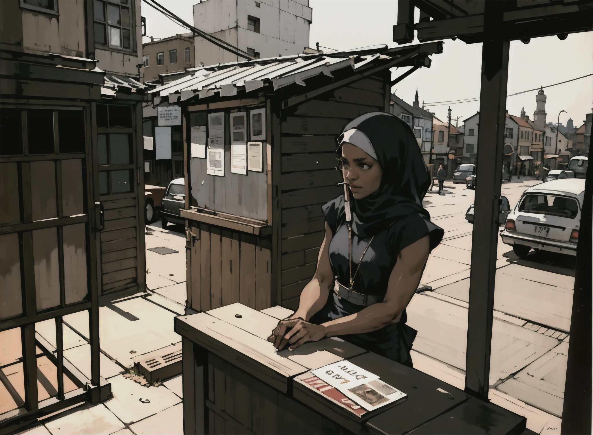 woman selling cigarettes from a cart in a street -([ viola davis]), wearing hijab , selling cigarettes on , poor girl, aden street background, dark place, sad, wide shot , shot from the third floor, (best quality), (high resolution),dutch angle,hyper detailed, solo, detailed_background, landscape, a street in aden in the 60's, wide shot