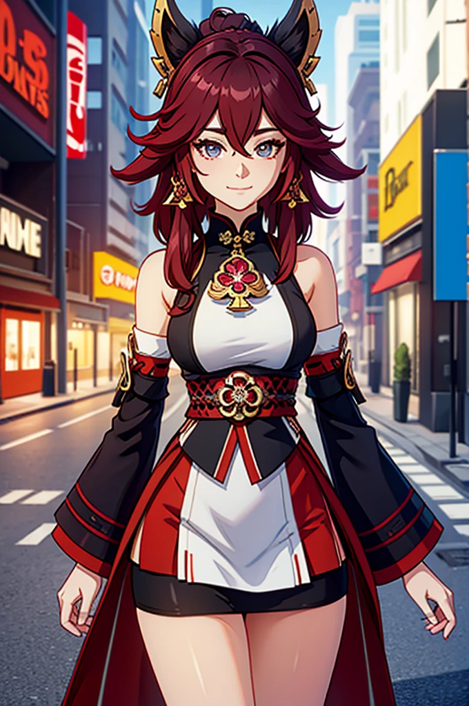 Yae Miko, 1girl, solo, long hair, looking at viewer, fake animal ears, smile, breasts, city background, bare shoulders, closed mouth, portrait, skin tight outfit, casual, short skirt, leggings seductive, realistic, (best quality), (masterpiece), ultra detail, (ultra high res), extreme detail, 8k, uhd, detailed