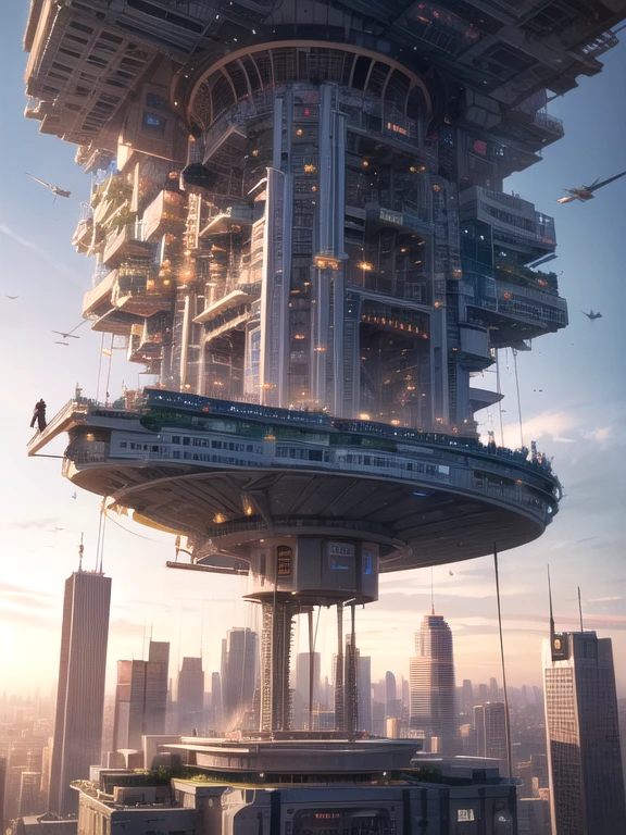 Create futuristic hyper-arism works of art, Imagine a city in the sky, Complex architectural structures and advanced technology. Depict this futuristic city in rich detail, Capture bright light, Suspended platforms and flying vehicles crisscrossing the sky.