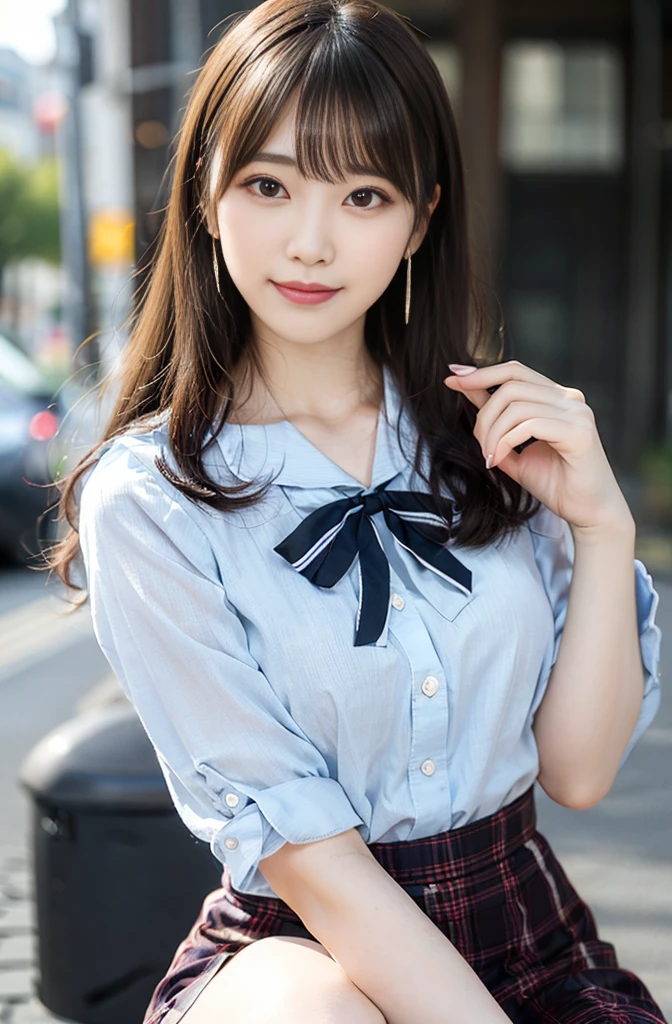 A woman posing on a street corner、highest quality、女の子 1 people、medium breasts、Day、shine、blur background、Bokeh、outside the house、(street:0.8)、(people々、大勢のpeopleが集まる:1、Slender、big and full breasts、girls school uniform、mini skirt、Clothes that adhere perfectly to the body、light blue collared shirt、looking at the viewer、plaid pleated skirt、Gorgeous(straight hair、length、amount:0.8)、Beautiful sky drawn in detail、earrings、Slender、Sareme、 (on lap)、soft lighting、Wind、glowing skin、laughter、Windが吹いてる、