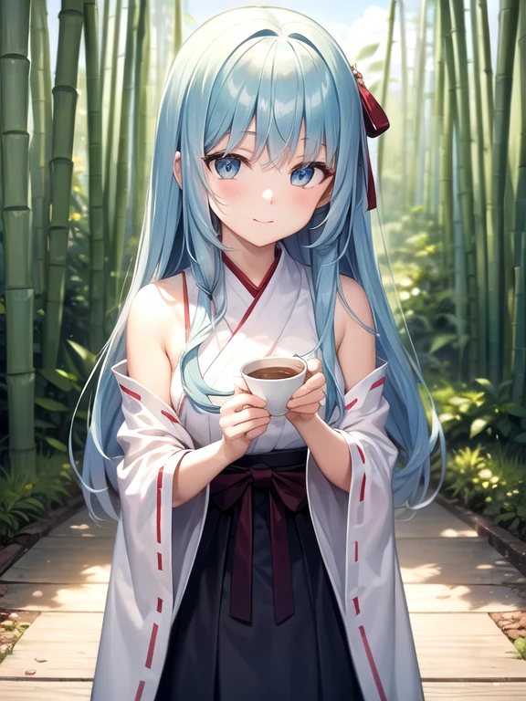 masterpiece, highest quality, official art, 8k wallpaper, very detailed, figure, 1 girl, sky blue hair, long hair, fine eyes, Forrest Gump, bare shoulders, Hanfu, lake, Pure, soft smile, bamboo, tea