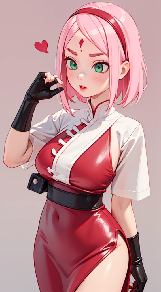 young woman, white skin, long bubblegum pink hair, red headband, wide forehead, pink eyebrows, big emerald green eyes, buttoned nose, thick red lips, heart shaped face, leather red dress, great detail, Sakura Haruno, realistic, realism 3d black gloves