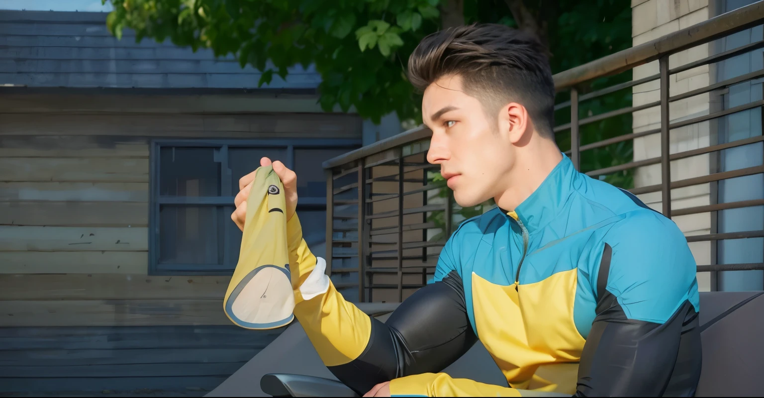8k, melhor qualidade, imagem real, Mark from invincible, superhero, holding his hero mask in his hands, detalhes intrincados, ultra-detalhado, ultra high resolution, campo de profundidade, photorealista,realista:1.2),obra de arte, foto de Mark, wearing a yellow and blue suit hero, olhos azuis, Cabelo preto, rosto musculoso e jovem, triste, best quality, realista, photorealista, (detalhes intrincados:1.2), (delicado detalhado), (cinematic light), linha clara, sharp focus, realista face, Rosto detalhado 8K papel de parede, ultra high resolution, (photorealista:1.4), olhando para o espectador