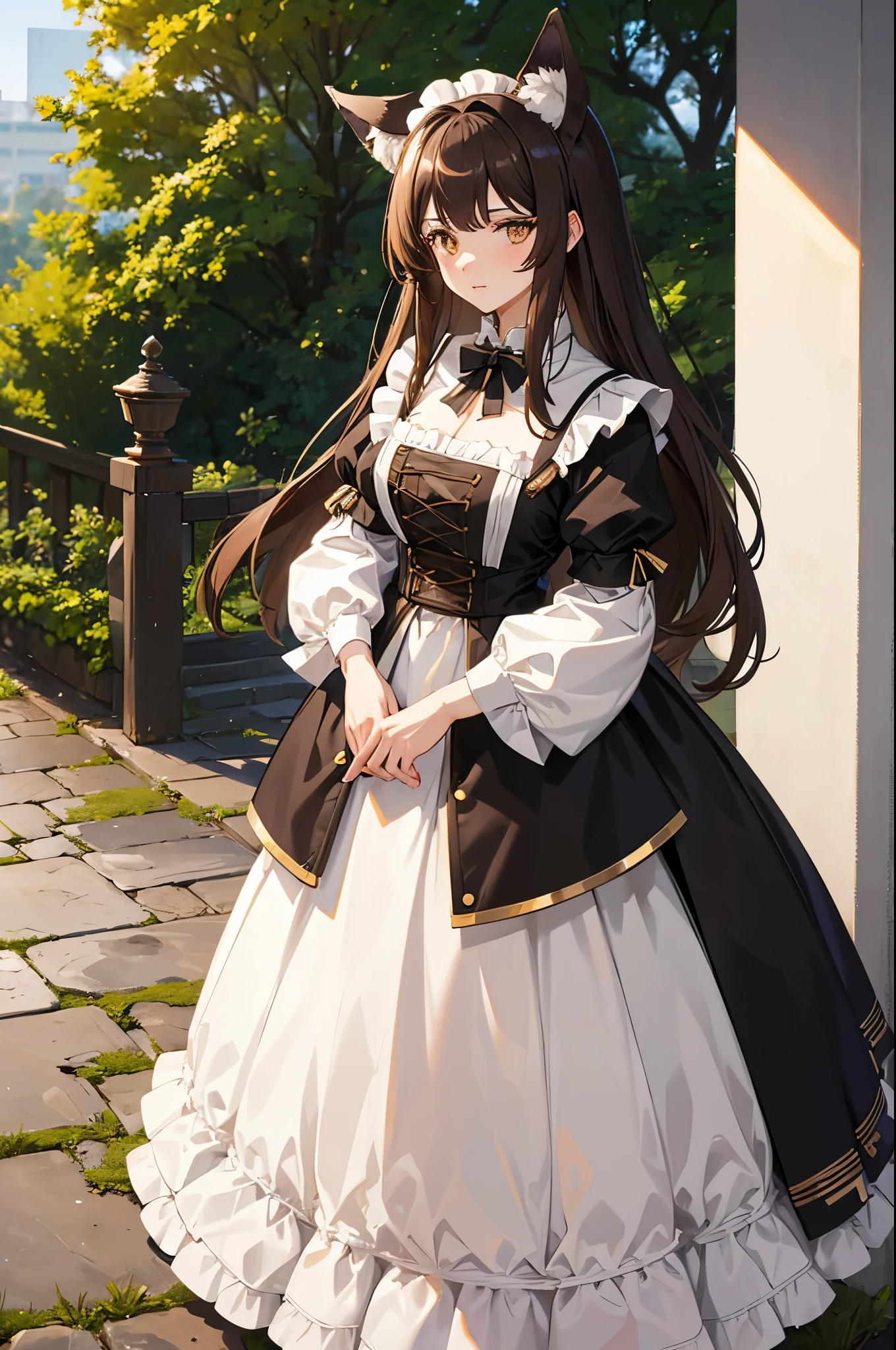 1woman, maid, wolf ears, wolf tail, brown hair, gold eyes, standing on ground, high res, ultra sharp, 8K, masterpiece