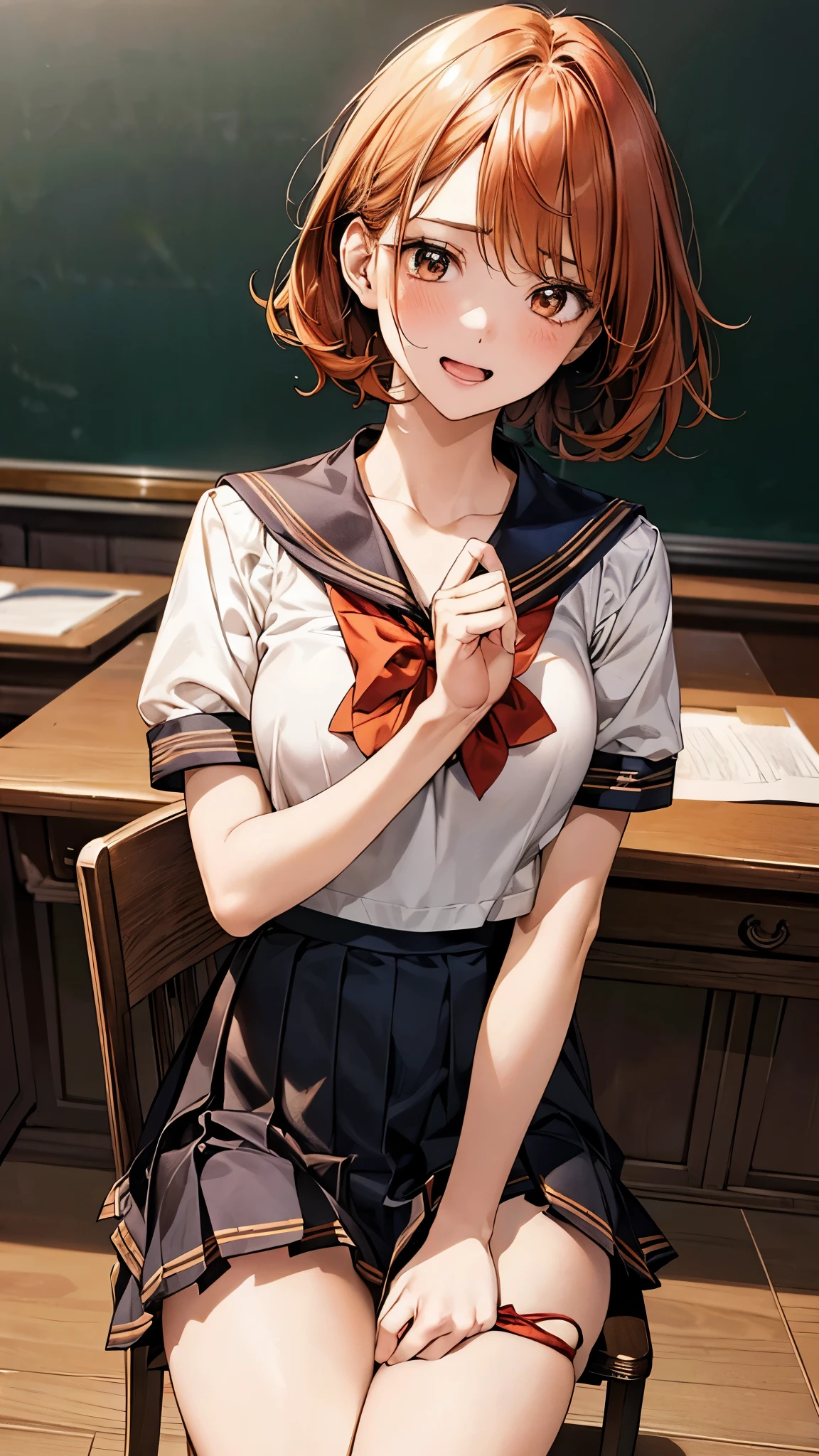 (masterpiece:1.2, top-quality), (realistic, photorealistic:1.4), beautiful illustration, (natural side lighting, movie lighting), nsfw,
looking at viewer, cowboy shot, 1 girl, japanese, high school girl, perfect face, cute and symmetrical face, shiny skin,
(short hair:1.1, messy hair:1.2, orange hair), big eyes, gold eyes, long eye lasher, (large breasts:0.6),
beautiful hair, beautiful face, beautiful detailed eyes, beautiful clavicle, beautiful body, beautiful chest, beautiful thighs, beautiful legs,
((symmetrical clothing, detailed cloth texture, short sleeves cute sailor suit, pleated skirt, red bow tie)), black socks, hair tie,
(beautiful scenery), morning, crassroom, blackboard, desk chair sitting chair, pointing finger, (frown, open mouth),