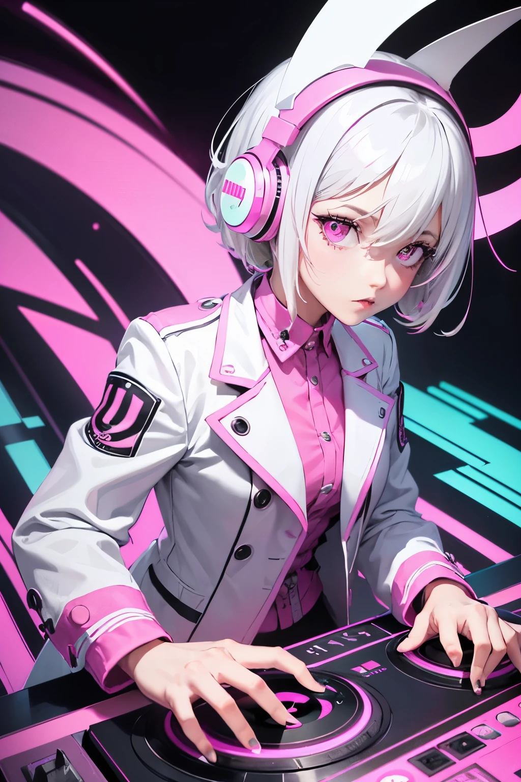 1girl, dj head phones, hands on turn table, bright pink turntable, hands spread on-top of two black vinyl discs on turn table, ((white hair)), (short white hair), (sharp pointy hair), pink jacket, pink blazer, neon lights, vibrant colors, cool background, girl dj with headphones and turn table.