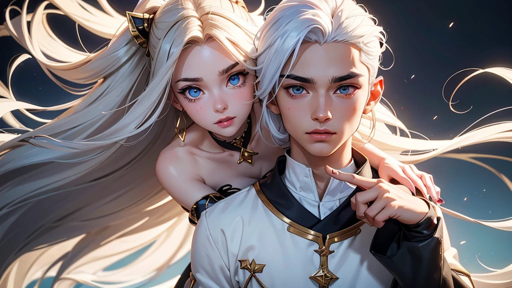 A fair-skinned anime femeboy boy with very delicate facial features, I also had very long hair, ravishingly white that touched the ground.blue eyes and also a third eye in the middle of the forehead, which the eyelids separated vertically. His eyebrows were cut very short—a symbol of nobility, he wore lipstick on his lips and nail polish on his long, dark-toned nails. His most notable feature were the two brown horn-like protrusions that protruded from his head.
