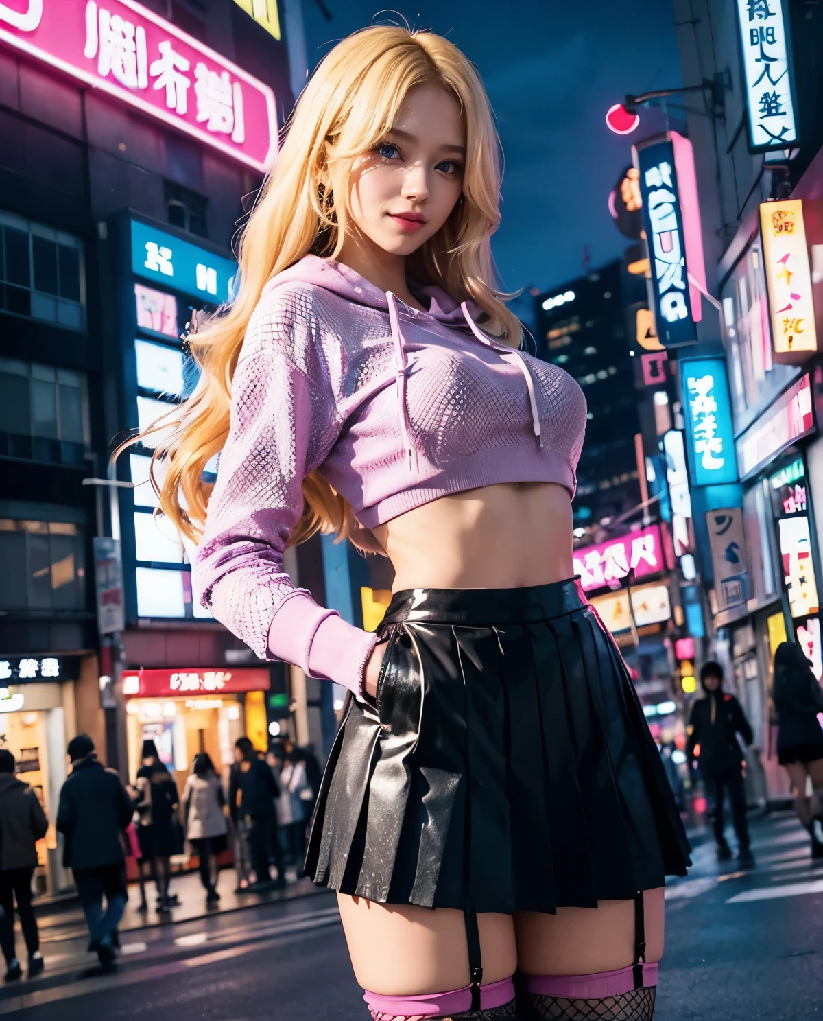 1girl, Blue eyes, (smile), (fishnet stockings :1.3), (hot pink hoodie), shiny makeup, (Sana Minatozaki), wide hips, Big , big ass, (Best Quality, 8k, Masterpiece: 1.3), perfect hands, Clear Focus: 1.2, Perfect Body Beauty: 1.4, Highly detailed face and skin texture, detailed eyes, double eyelids, (blonde long hair :1.2), (black pleated skirt :1.2), standing, dynamic pose, in the Akihabara neighborhood at night, illuminated by colorful signs, Tokyo Japan
