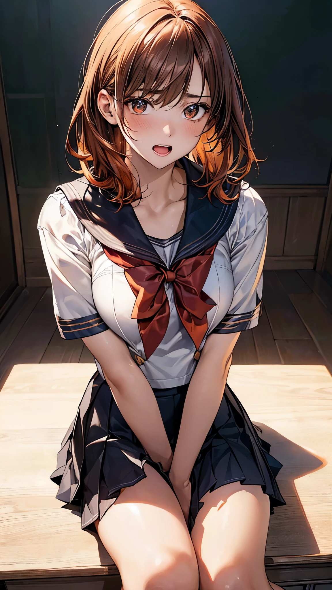 (masterpiece:1.2, top-quality), (realistic, photorealistic:1.4), beautiful illustration, (natural side lighting, movie lighting), nsfw,
looking at viewer, cowboy shot, 1 girl, japanese, high school girl, perfect face, cute and symmetrical face, shiny skin,
(short hair:1.1, messy hair:1.2, orange hair), big eyes, gold eyes, long eye lasher, (large breasts:0.6),
beautiful hair, beautiful face, beautiful detailed eyes, beautiful clavicle, beautiful body, beautiful chest, beautiful thighs, beautiful legs,
((symmetrical clothing, detailed cloth texture, short sleeves cute sailor suit, pleated skirt, red bow tie)), black socks, hair tie,
(beautiful scenery), morning, crassroom, blackboard, desk chair sitting chair, pointing finger, (frown, open mouth),