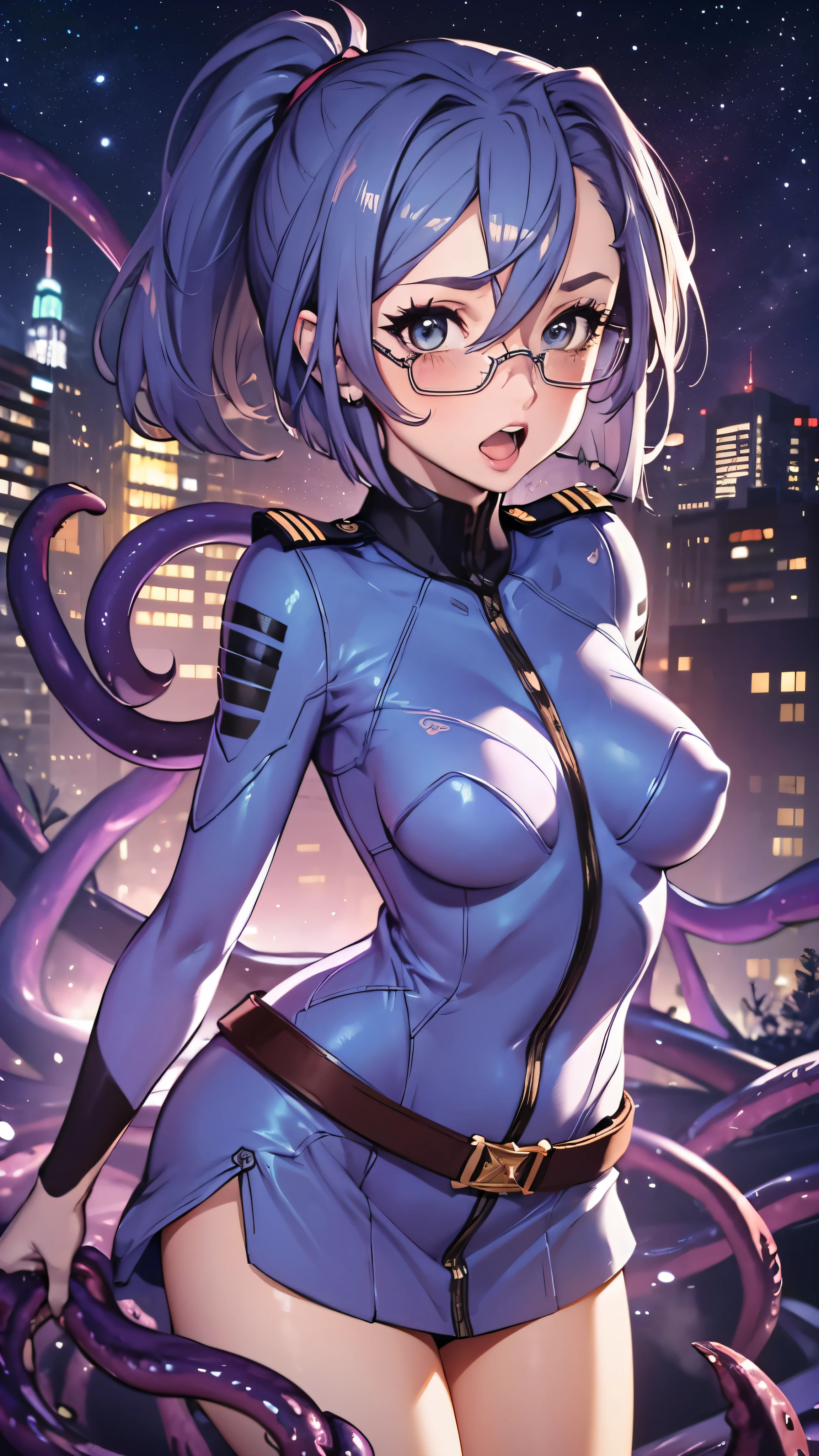 woman,25 years old,,city,night,(((white and blue tight miniskirt bodysuit))),,open mouth smile(())Glasses,((Beautiful long ponytail)),(()),blush、surprised face,((())),(())(((raped by tentacles)))