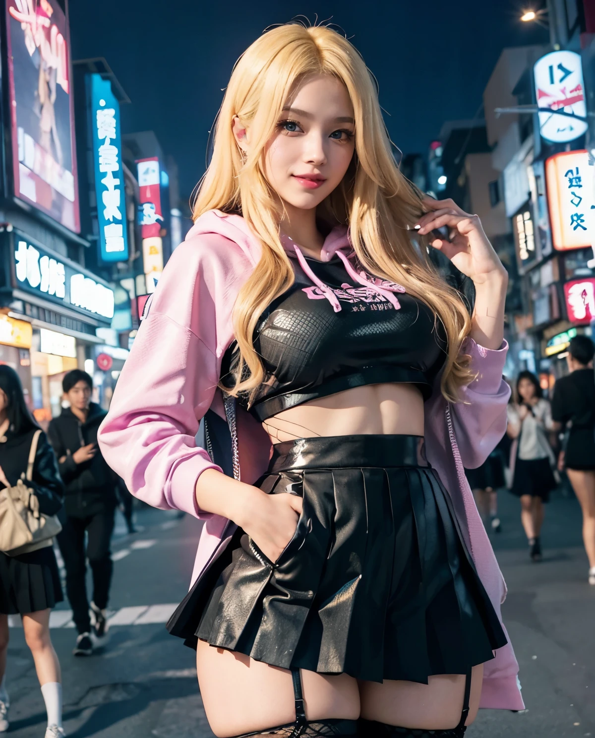 1girl, Blue eyes, (smile), (fishnet stockings :1.3), (hot pink hoodie), shiny makeup, (Sana Minatozaki), wide hips, Big , big ass, (Best Quality, 8k, Masterpiece: 1.3), perfect hands, Clear Focus: 1.2, Perfect Body Beauty: 1.4, Highly detailed face and skin texture, detailed eyes, double eyelids, (blonde long hair :1.2), (black pleated skirt :1.2), standing, dynamic pose, in the Akihabara neighborhood at night, illuminated by colorful signs, Tokyo Japan
