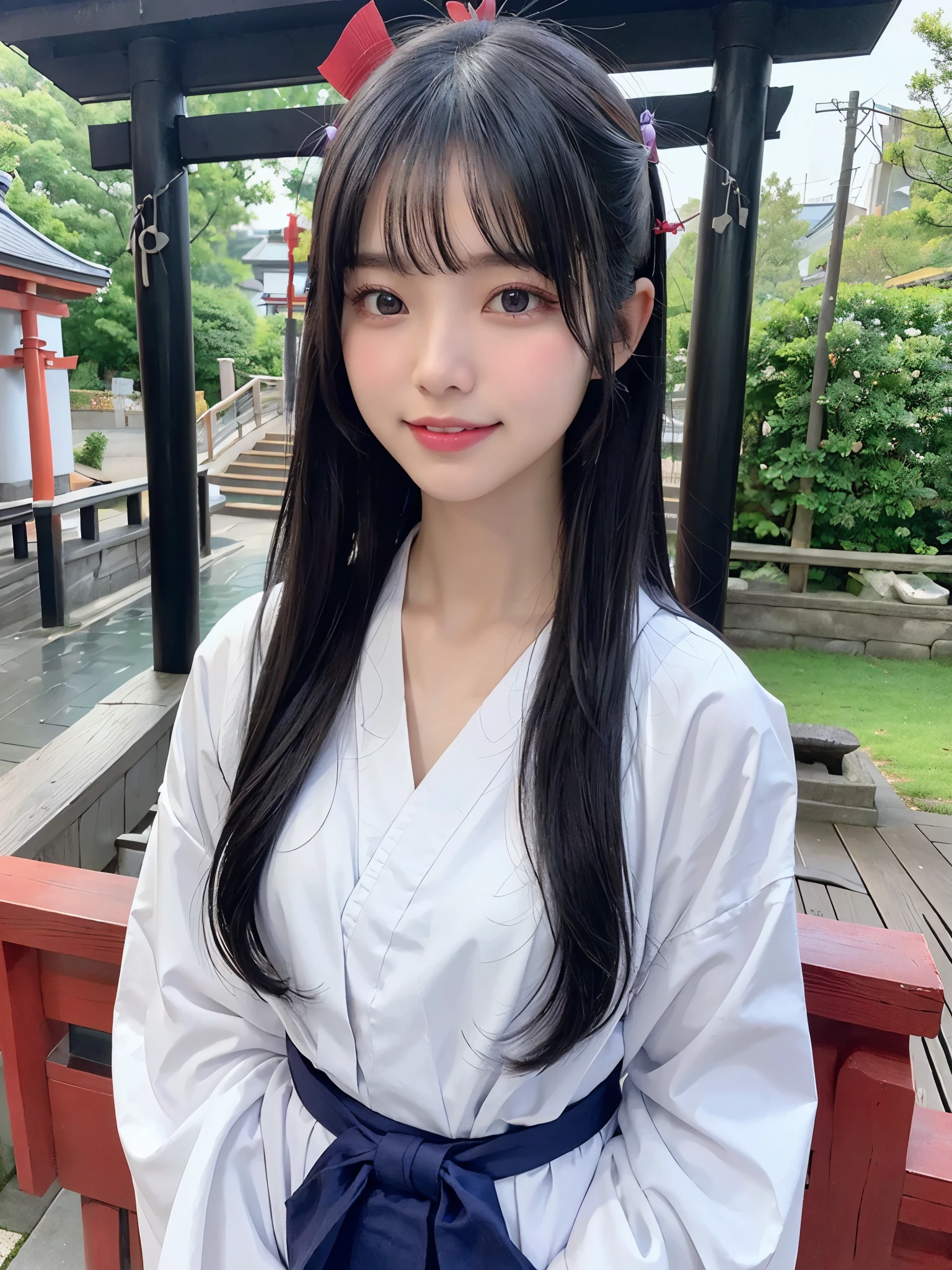 highest quality、8K、ultra high resolution、Super detailed face and eyes、Highly detailed face and skin texture、glowing skin、shiny skin、master piece:1.3、1 girl、A beautiful woman with slim abs as an accent:1.3、super detail face、delicate eyes、double eyelid、full shot、20-year-old、Smile with your teeth out、A sloppy smile、((black hair、dark blue hair))、long hair、straight hair、((shrine maiden、shrine maiden服、shrine、white clothes、Purple Hakama、torii))