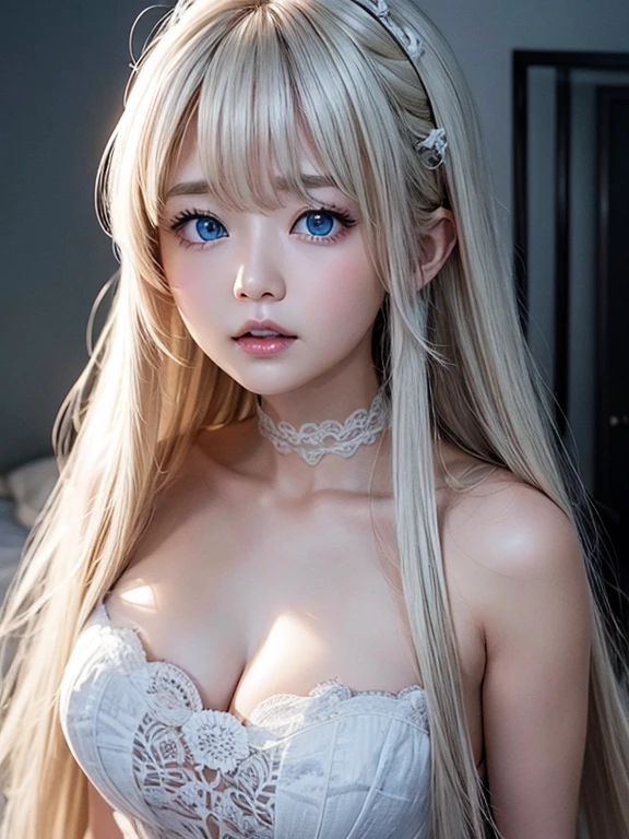 highest quality、Super high resolution、the cutest beautiful girl in the world、perfectly beautiful face、(Pueros face_v1:0.008)、bright look、white and shining skin、Beautiful bright platinum blonde super long straight hair、Crystal clear shining big light blue eyes、beautiful messy bangs、hair between eyes、Why are you acting so innocent??It's ridiculous、Oh, what a shame、(Full)