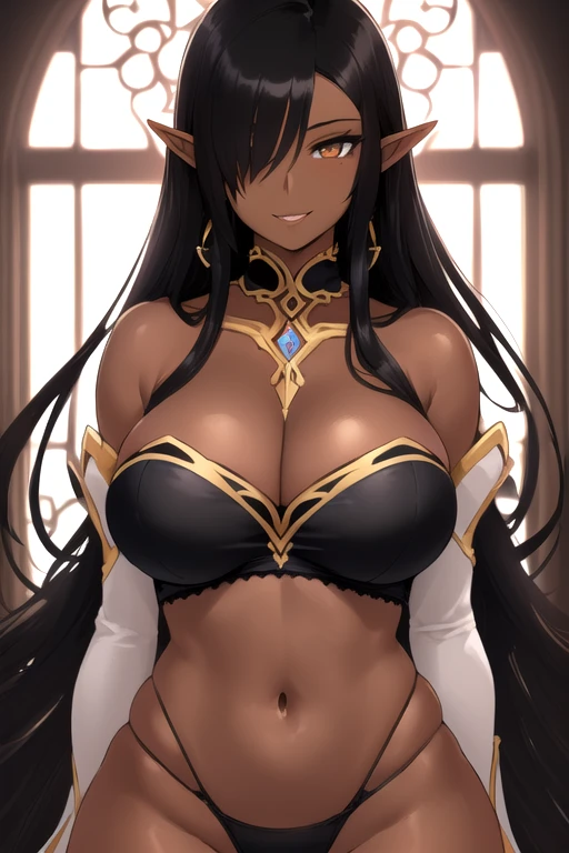(((Olga Discordia))), (masterpiece, best quality), ((dark-skinned female, dark elf, extremely detailed, intricate details, lush detail, insanely detailed face, beautiful brown eyes, lips, detailed skin, very wide-eyed, skinny)), (( floating hair, shiny skin)), (1girl), wide hips, narrow waist, thick thighs, ((big pupil)) , nervous, ((happy, smile, long hair, younger, blush, tall, black outline, black hair, straight hair, seductive eyes, mature female, older, very long hair)), 1girl, toned, ((((indoors, in front of a big window, light shining through window, upper body focus, facing towards viewer)))), (Dark elf, dark-skinned female, pointy ears, hair over one eye, breast, curvy body, thick thighs, earrings, black hair, very long hair, large breasts, cleavage, thighhighs, dark elf, large breasts, navel, highleg panties, highleg, detached sleeves, boots, revealing clothes, bare shoulders) , horny expression, detailed mouth (((1girl, solo)))