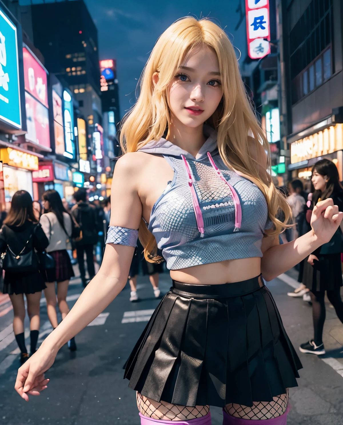 1girl, Blue eyes, (smile), (fishnet stockings :1.3), (hot pink hoodie), shiny makeup, (Sana Minatozaki), wide hips, Big , big ass, (Best Quality, 8k, Masterpiece: 1.3), perfect hands, Clear Focus: 1.2, Perfect Body Beauty: 1.4, Highly detailed face and skin texture, detailed eyes, double eyelids, (blonde long hair :1.2), (black pleated skirt :1.2), standing, dynamic pose, in the Akihabara neighborhood at night, illuminated by colorful signs, Tokyo Japan