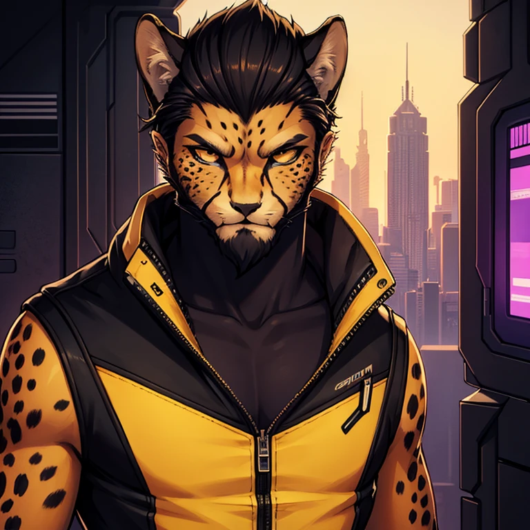 Cheetah-human, cheetah head, cheetah face, male, hair, black hair, cyberpunk clothes, antro, solo, non-human, hair, beard, ciberpunk, old