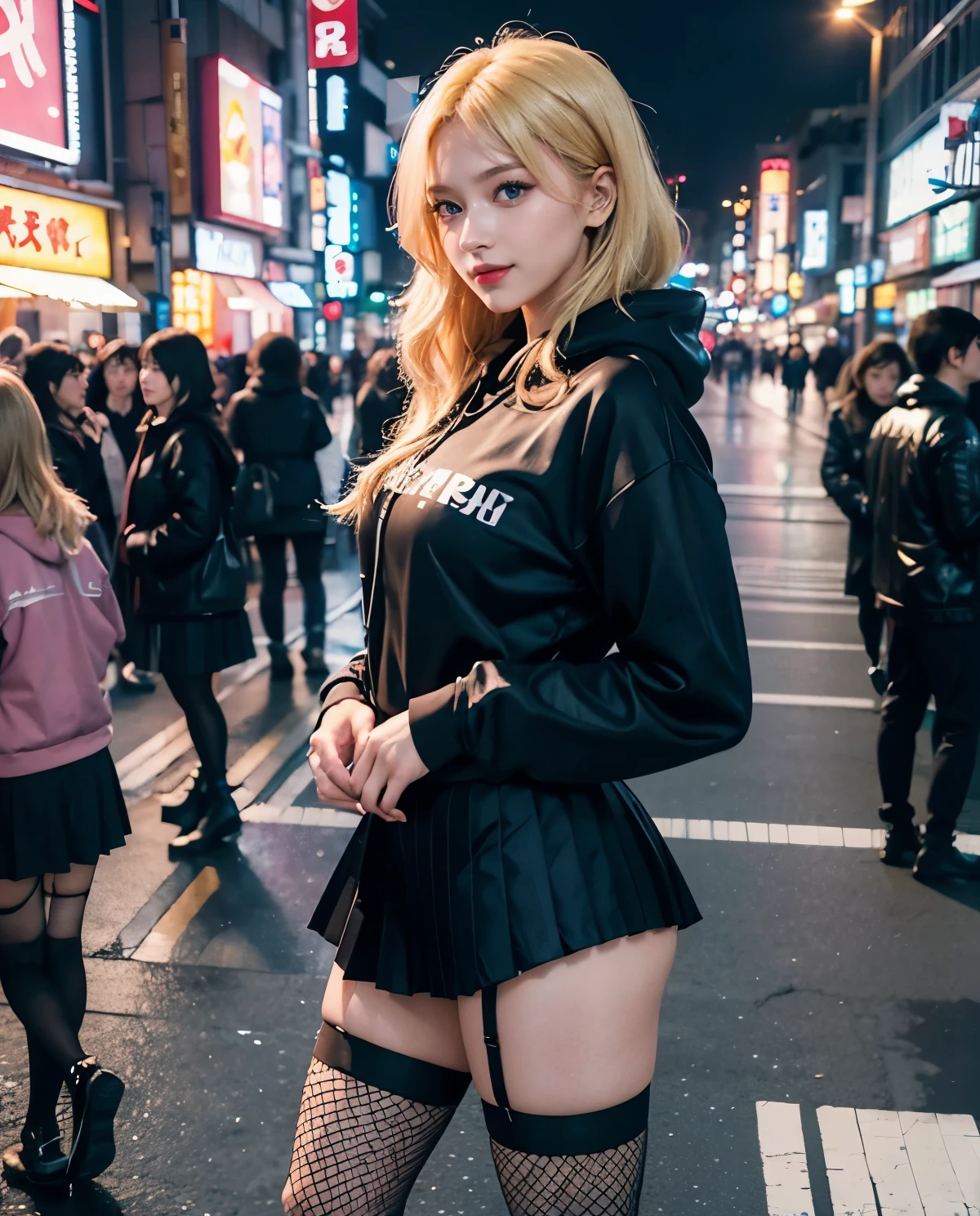 1girl, Blue eyes, (smile), (fishnet stockings :1.2), shiny makeup, (Sana Minatozaki), wide hips, Big , big ass, (Best Quality, 8k, Masterpiece: 1.3), perfect hands, Clear Focus: 1.2, Perfect Body Beauty: 1.4, Highly detailed face and skin texture, detailed eyes, double eyelids, (blonde long hair :1.2), (black hoodie), (black pleated skirt :1.2), standing, dynamic pose, in the Akihabara neighborhood at night, illuminated by colorful signs, Tokyo Japan