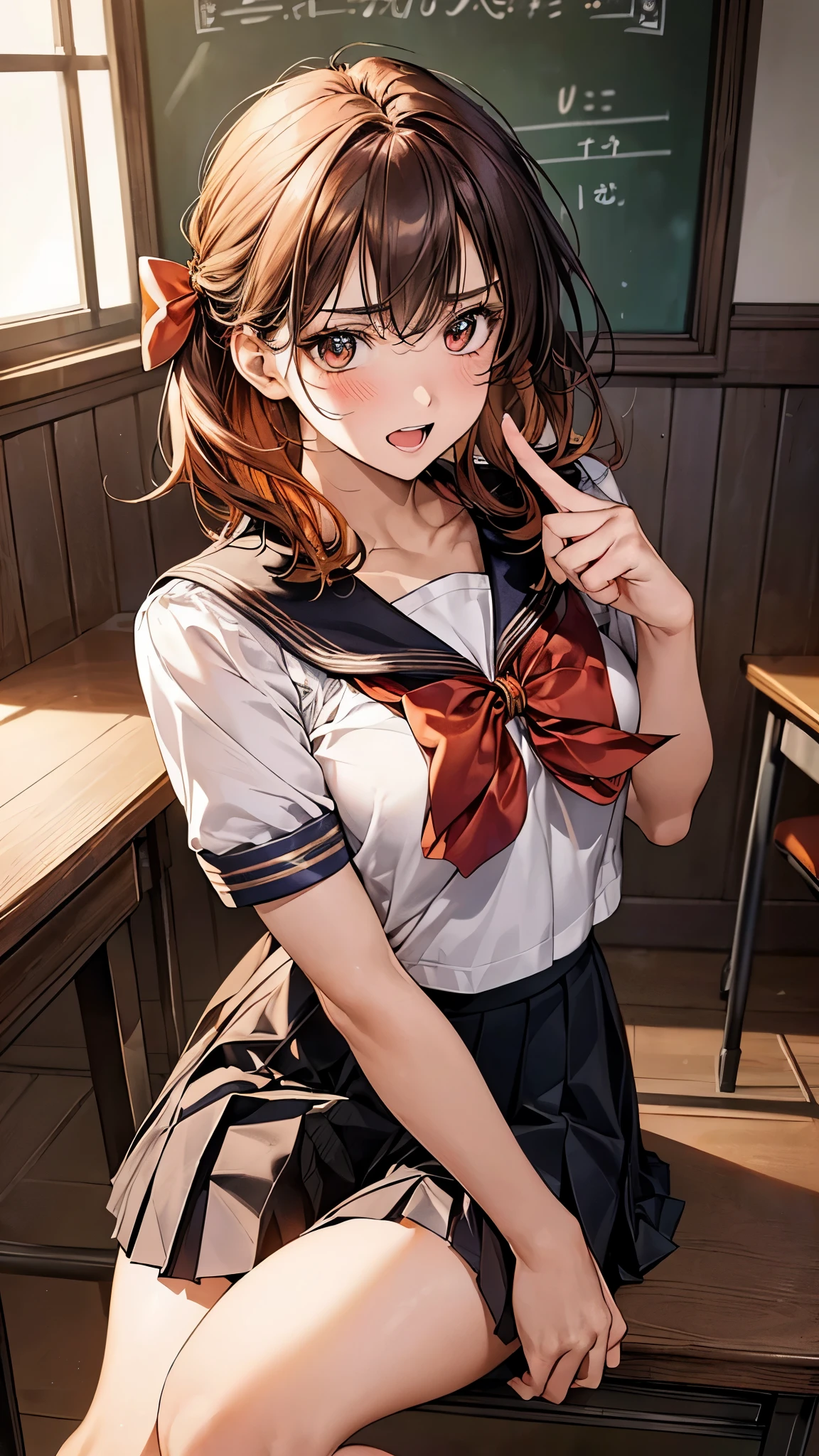 (masterpiece:1.2, top-quality), (realistic, photorealistic:1.4), beautiful illustration, (natural side lighting, movie lighting), nsfw,
looking at viewer, cowboy shot, 1 girl, japanese, high school girl, perfect face, cute and symmetrical face, shiny skin,
(short hair:1.1, messy hair:1.2, orange hair), big eyes, gold eyes, long eye lasher, (large breasts:0.6),
beautiful hair, beautiful face, beautiful detailed eyes, beautiful clavicle, beautiful body, beautiful chest, beautiful thighs, beautiful legs,
((symmetrical clothing, detailed cloth texture, short sleeves cute sailor suit, pleated skirt, red bow tie)), black socks, hair tie,
(beautiful scenery), morning, crassroom, blackboard, desk chair sitting chair, pointing finger, (frown, open mouth),