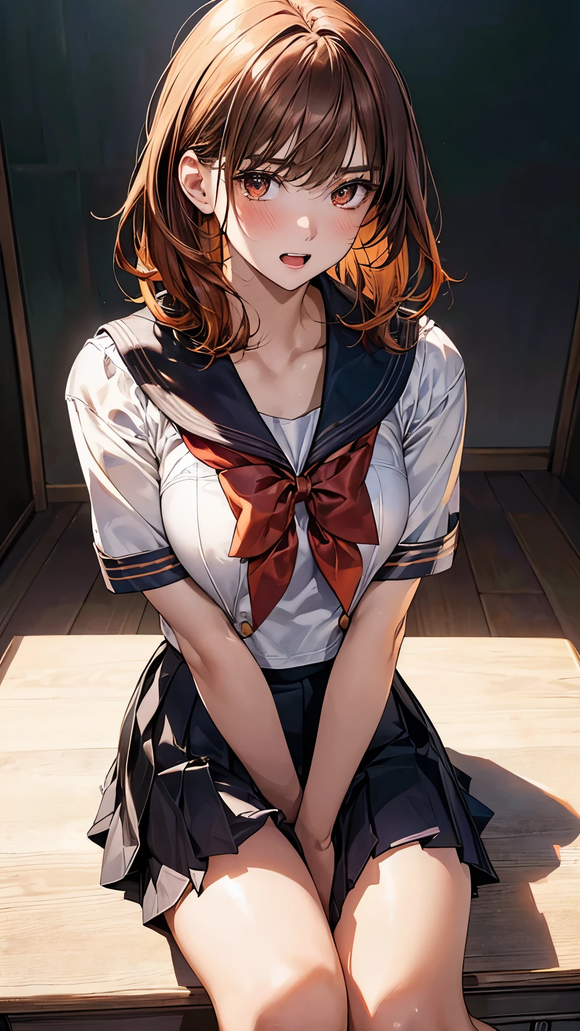 (masterpiece:1.2, top-quality), (realistic, photorealistic:1.4), beautiful illustration, (natural side lighting, movie lighting), nsfw, 
looking at viewer, cowboy shot, 1 girl, japanese, high school girl, perfect face, cute and symmetrical face, shiny skin, 
(short hair:1.1, messy hair:1.2, orange hair), big eyes, gold eyes, long eye lasher, (large breasts:0.6), 
beautiful hair, beautiful face, beautiful detailed eyes, beautiful clavicle, beautiful body, beautiful chest, beautiful thighs, beautiful legs, 
((symmetrical clothing, detailed cloth texture, short sleeves cute sailor suit, pleated skirt, red bow tie)), black socks, hair tie,
(beautiful scenery), morning, crassroom, blackboard, desk chair sitting chair, (pointing finger), (frown, open mouth), 