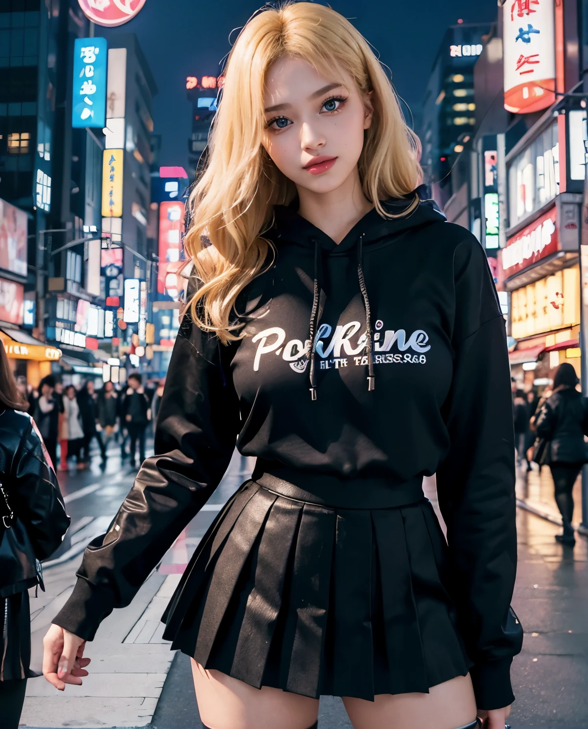 1girl, Blue eyes, (smile), (fishnet stockings :1.2), shiny makeup, (Sana Minatozaki), wide hips, Big , big ass, (Best Quality, 8k, Masterpiece: 1.3), perfect hands, Clear Focus: 1.2, Perfect Body Beauty: 1.4, Highly detailed face and skin texture, detailed eyes, double eyelids, (blonde long hair :1.2), (black hoodie), (black pleated skirt :1.2), standing, dynamic pose, in the Akihabara neighborhood at night, illuminated by colorful signs, Tokyo Japan