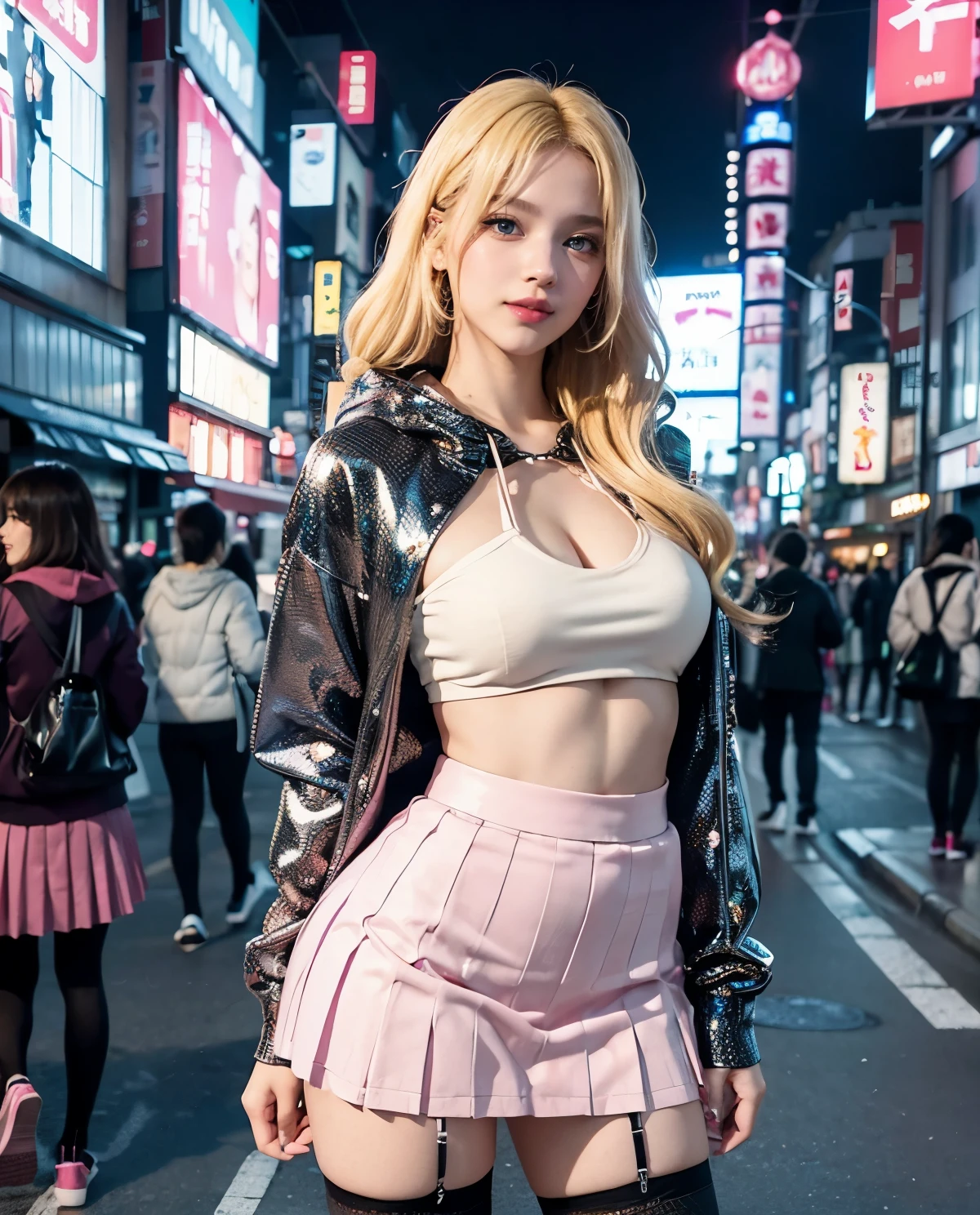 1girl, Blue eyes, (smile), (fishnet stockings :1.3), (hot pink hoodie), shiny makeup, (Sana Minatozaki), wide hips, Big , big ass, (Best Quality, 8k, Masterpiece: 1.3), perfect hands, Clear Focus: 1.2, Perfect Body Beauty: 1.4, Highly detailed face and skin texture, detailed eyes, double eyelids, (blonde long hair :1.2), (black pleated skirt :1.2), standing, dynamic pose, in the Akihabara neighborhood at night, illuminated by colorful signs, Tokyo Japan
