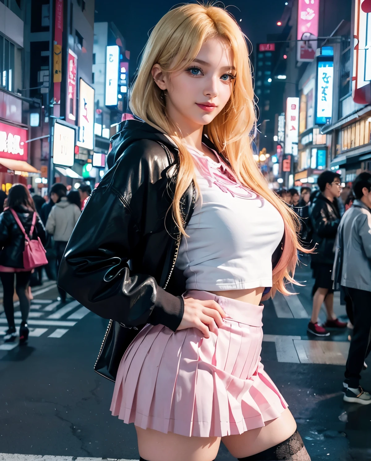 1girl, Blue eyes, (smile), (fishnet stockings), shiny makeup, (Sana Minatozaki), wide hips, Big , big ass, (Best Quality, 8k, Masterpiece: 1.3), perfect hands, Clear Focus: 1.2, Perfect Body Beauty: 1.4, Highly detailed face and skin texture, detailed eyes, double eyelids, (blonde long hair :1.2), (black hoodie), (hot pink pleated skirt :1.2), standing, dynamic pose, in the Akihabara neighborhood at night, illuminated by colorful signs, Tokyo Japan