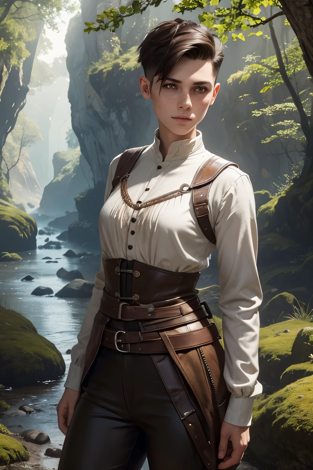 A young androgynous woman with a undercut. Kind. Friendly. Tomboyish. Happy. Skinny. Very short manly haircut. Dark-brown hair. Sides shaved, undercut. Very pale skin with freckles and liverspots. A soft round face with freckles and liverspots. Upturned dark-brown eyes. Very thin and barley visible eyebrows. A long and wide nose. Wide curved lips. Round chin. Slim body. . Wide hips. Thick legs. Used dirty medieval clothing of a lonley ranger and wanderer. Beautiful bright fantasy landscape in the background with shiny forest and rivers.