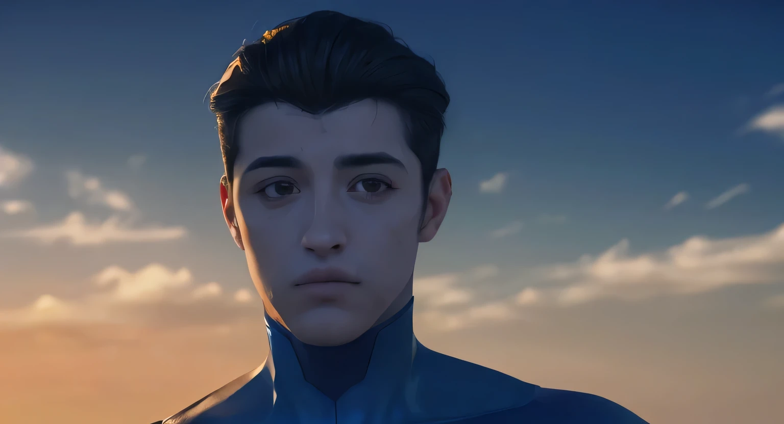 8k, melhor qualidade, imagem real, Mark from invincible, superhero, holding, detalhes intrincados, ultra-detalhado, ultra high resolution, campo de profundidade, photorealista,realista:1.2),obra de arte, foto de Mark, wearing a yellow and blue suit hero, olhos azuis, Cabelo preto, rosto musculoso e jovem, triste, best quality, realista, photorealista, (detalhes intrincados:1.2), (delicado detalhado), (cinematic light), linha clara, sharp focus, realista face, Rosto detalhado 8K papel de parede, ultra high resolution, (photorealista:1.4), olhando para o espectador
