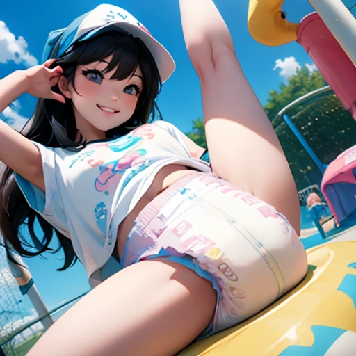 cute kpop girl, pee diaper, wet diaper, tight diaper, full diaper, smile, long hair, black hair, playground, sunny, outside, playplace, sand, waterpark, amusement park, realistic, 3d, 2.5d, photorealistic, 3d render, real, detailed, 3d animated, hyperrealistic, 3d girl