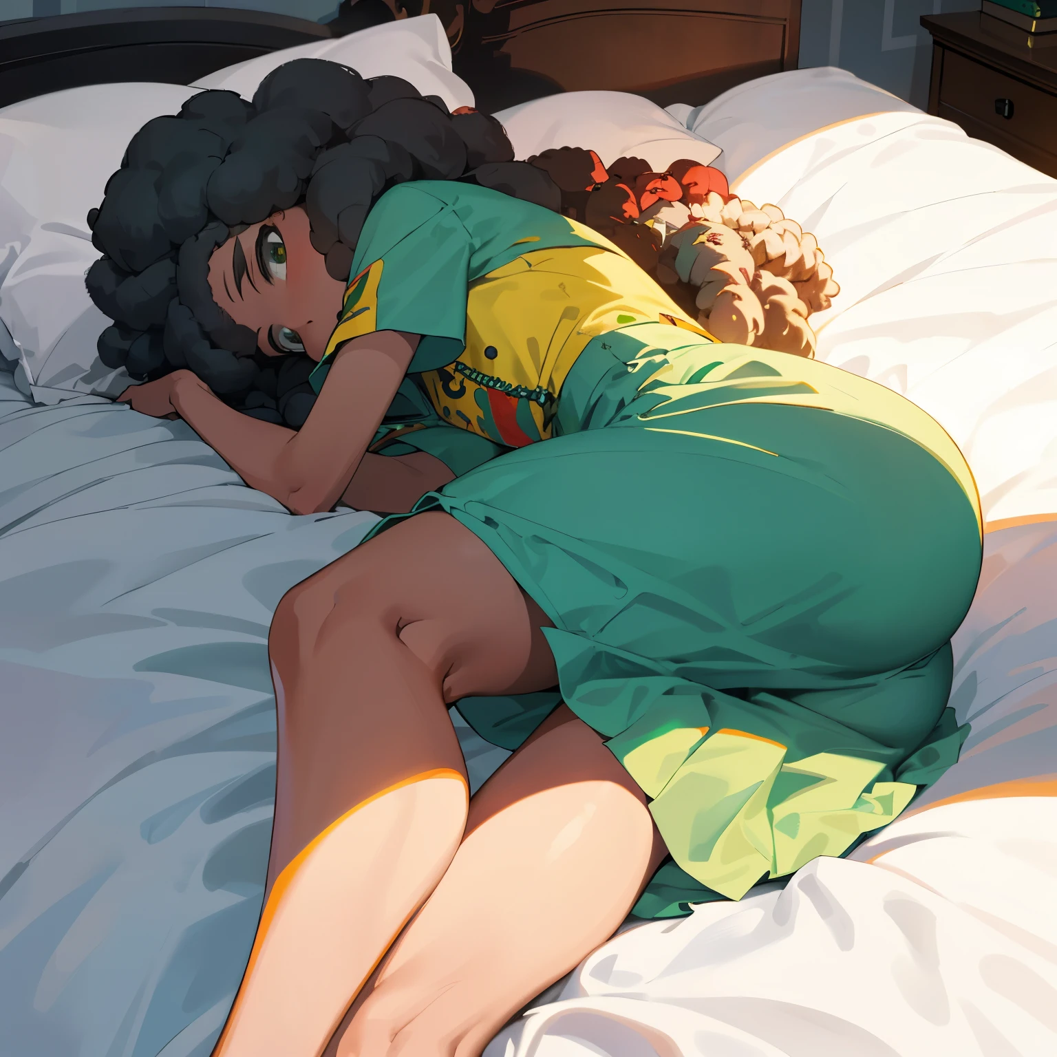 A girl abelo afro caindo para a frente, Tipo Rasta, is laying on the bed. The sheets are just below her thighs and a gloomy light is shining on her back.