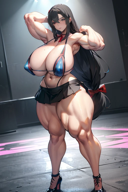 Best quality,8K,ultra high res:1.5),(Pretty very very long straight hair tied with red ribbon girl),(Huge breasts:1.20),(very voluptuous body),(very voluptuous thigh),(body builder girl:1.5),(wide muscle:1.8),(light smile),(eyes to camera),(light black hair),(red bra),(red short skirt),(nipples),(sexy abdominal muscles),(nipples),(blue eye ball),(naked),(standing),(black shoes)