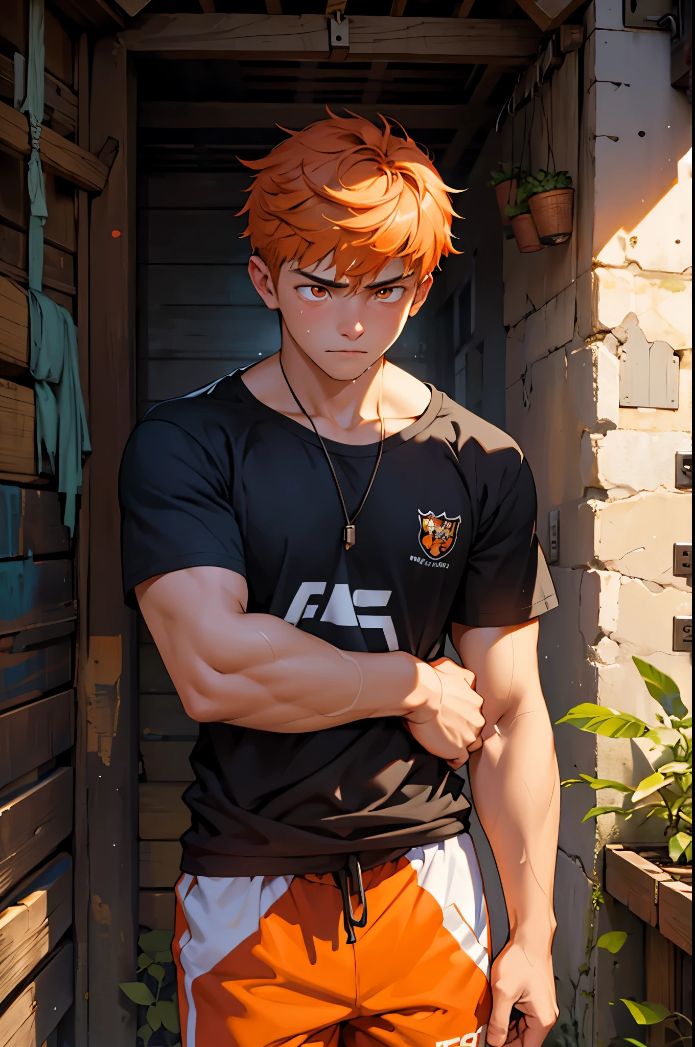 There is a young handsome boy of weighing 60 kilos 1,75 de estaturade, el esta llorando esta triste y llorando, He is 15 years old eyes and orange hair, he is in the foreground crying for his brother's death and then he swears revenge., viste camiseta negra ajustada asu cuerpo delgado