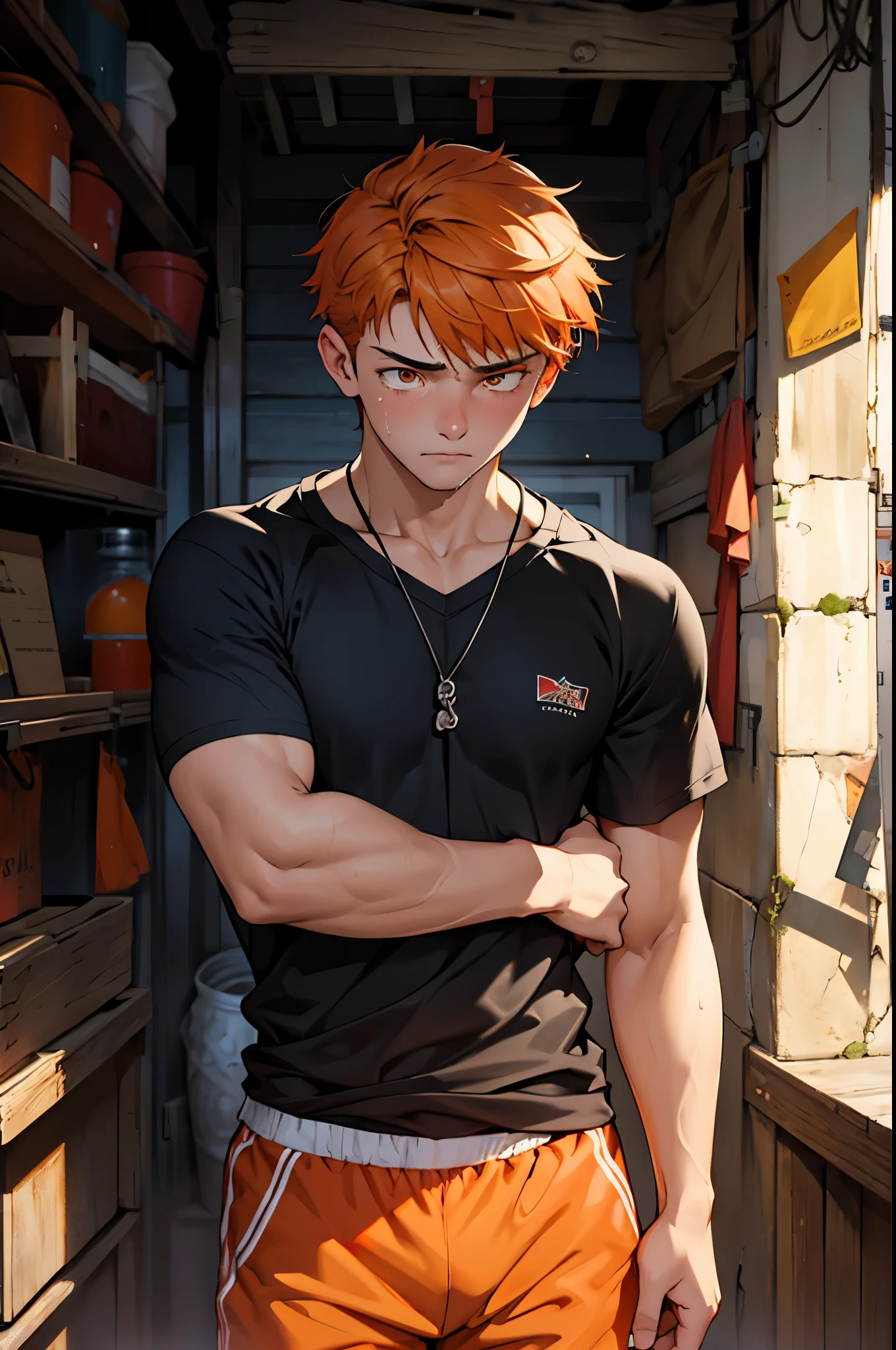 There is a young handsome boy of weighing 60 kilos 1,75 de estaturade, el esta llorando esta triste y llorando, He is 15 years old eyes and orange hair, he is in the foreground crying for his brother's death and then he swears revenge., viste camiseta negra ajustada asu cuerpo delgado