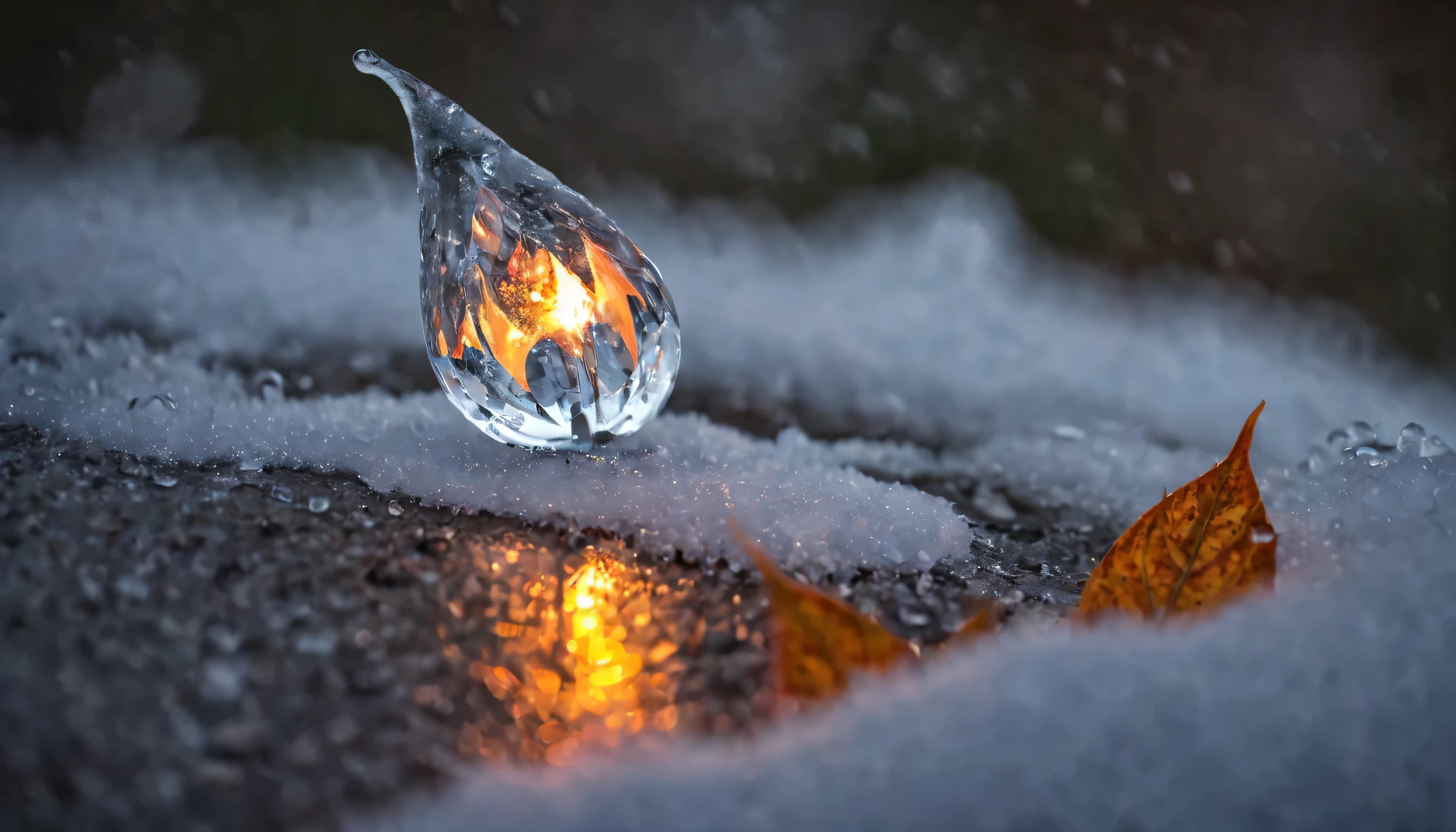 photo of frozen flame, droplet, Crystal of snow, hot, leaf, Surrounded by a fantastic glow