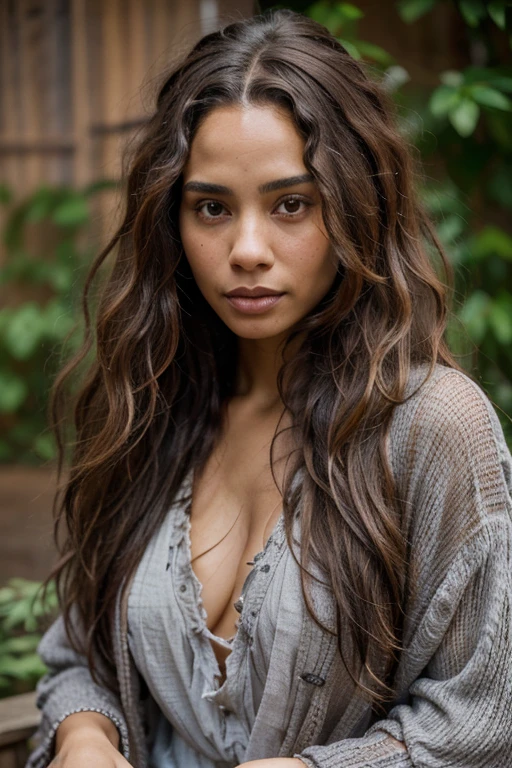 full resolution, highly detailed skin, detailed hair, dslr, sharp focus, high definition, high quality photography, intricate, A realistic woman with long curly brown hair, Curly Chestnut Goddess, Zoë Kravitz, Lisa Bonet, natural beauty, 37 years, healthy, some gray hair streaks, clear skin, boho style, covered up clothing,