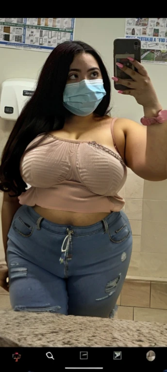arafed woman wearing a face mask taking a selfie in a public restroom, crop top, croptop, wearing crop top, wearing a sexy cropped top, wearing a cute top, 2 2 years old, bralette, belly exposed, 30 years old woman, 3 0 years old woman, 2 4 year old female model, 21 years old, latina, Big tits, huge tits, no clothes, sexy, cute, wide hips, thick thighs, pear-shaped body, minimal clothes, thick, bbw, chubby stomach, thick nipples, ?????? piercings, large ??????, hard nipples, piercing through shirt, nipples hard through shirt, chubby stomach showing, tummy spilling over the side, muffin top, panties only, no pants, pants off, stomach too big for panties, small crop top shirt, major cleavage, nipples showing through shirt, very short crop top with fat stomach showing, extremely wide hips, thick hips, hips wide with fat stomach