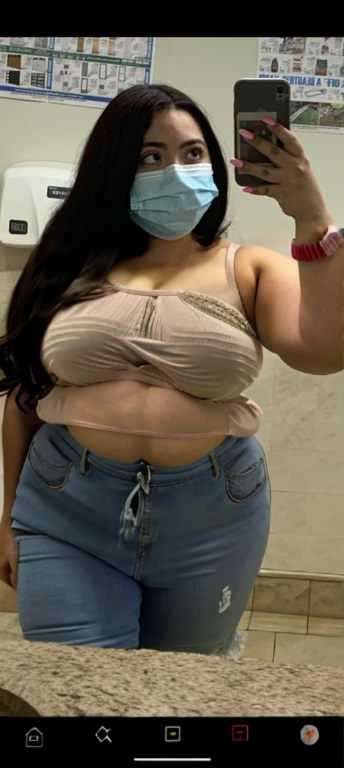 arafed woman wearing a face mask taking a selfie in a public restroom, crop top, croptop, wearing crop top, wearing a sexy cropped top, wearing a cute top, 2 , bralette, belly exposed, 30 years old woman, 3 0 years old woman, 2 4 year old female model, 21 years old, latina, Big tits, huge tits, no clothes, sexy, cute, wide hips, thick thighs, pear-shaped body, minimal clothes, thick, bbw, chubby stomach, thick nipples, nipple piercings, large areola, hard nipples, piercing through shirt, nipples hard through shirt, chubby stomach showing, tummy spilling over the side, muffin top, panties only, no pants, pants off, stomach too big for panties, small crop top shirt, major cleavage, nipples showing through shirt, very short crop top with fat stomach showing, extremely wide hips, thick hips, hips wide with fat stomach